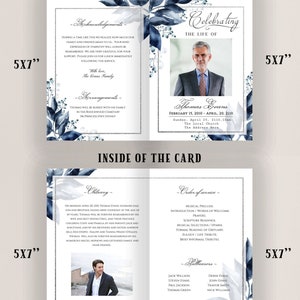May include: A funeral programme template with a blue and white floral design. The front of the programme features a photo of the deceased and the text "Celebrating the Life of Thomas Evans". The back of the programme includes acknowledgements and arrangements for the funeral service.