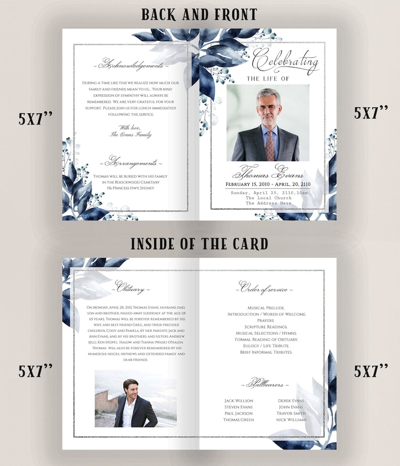 May include: A funeral programme template with a blue and white floral design. The front of the programme features a photo of the deceased and the text "Celebrating the Life of Thomas Evans". The back of the programme includes acknowledgements and arrangements for the funeral service.