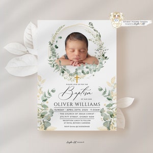 May include: A baptism invitation with a gold and green watercolor design. The invitation features a photo of a baby boy sleeping in a wreath of eucalyptus leaves. The text reads "Please join us for the Baptism of our son Oliver Williams, Sunday, April 20th, 2025, 11:30am, The Church of Jesus Christ, 275 Pitt Street, Sydney NSW, Reception lunch to follow at Royal Botanic Gardens, RSVP Emma 3450659488".