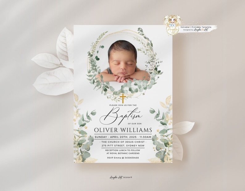 May include: A baptism invitation with a gold and green watercolor design. The invitation features a photo of a baby boy sleeping in a wreath of eucalyptus leaves. The text reads "Please join us for the Baptism of our son Oliver Williams, Sunday, April 20th, 2025, 11:30am, The Church of Jesus Christ, 275 Pitt Street, Sydney NSW, Reception lunch to follow at Royal Botanic Gardens, RSVP Emma 3450659488".