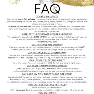 May include: A digital FAQ template with a gold and white design. The text includes information on editing, color changes, and printing options. The template features illustrations of a blonde angel.