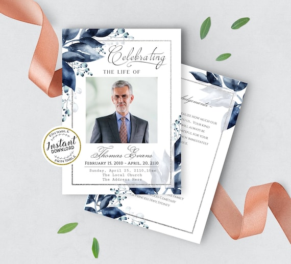 Editable Funeral Program Template Celebration of Life Blue Silver Funeral Template Memorial Service Funeral Program - BL077