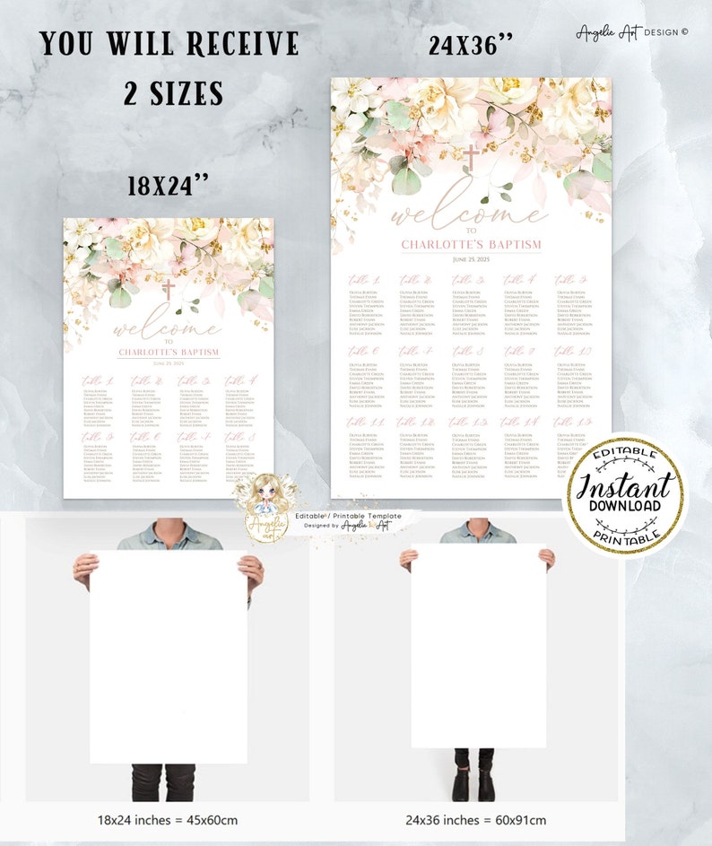 EMMA - Creamy Floral Baptism Seating Chart Template, Please Find Your ...