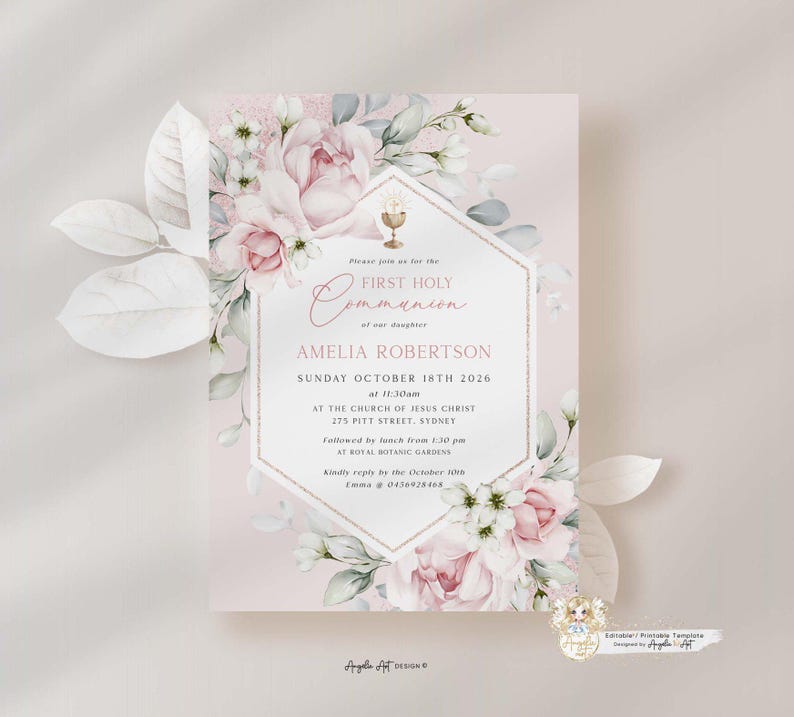 Editable Blush Pink Floral First HOLY COMMUNION Invitation Template ...