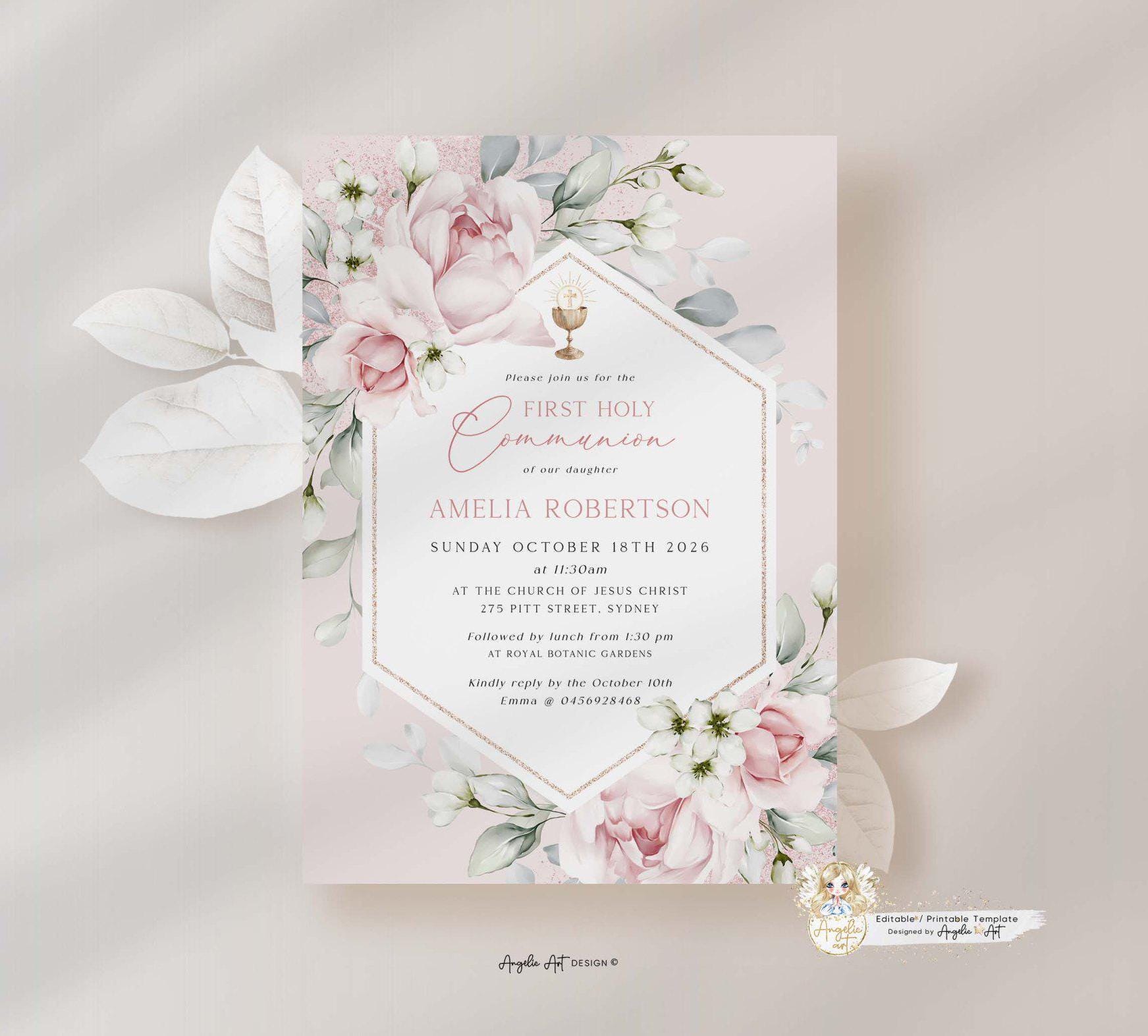 Editable Blush Pink Floral First HOLY COMMUNION Invitation Template ...