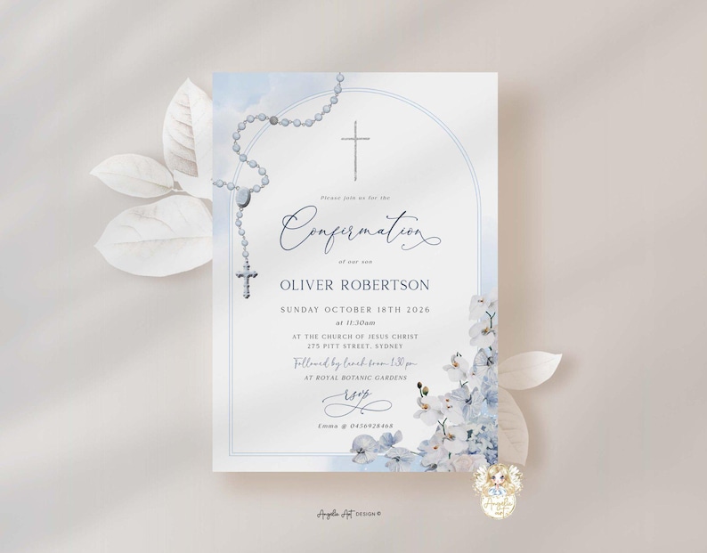 Editable Floral Blue ORCHID Confirmation Boy Invite Sky Blue White ...