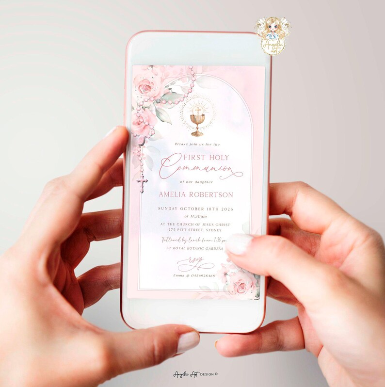 AMELIA - Girl First Holy Communion Invitation Template, Digital Blush ...