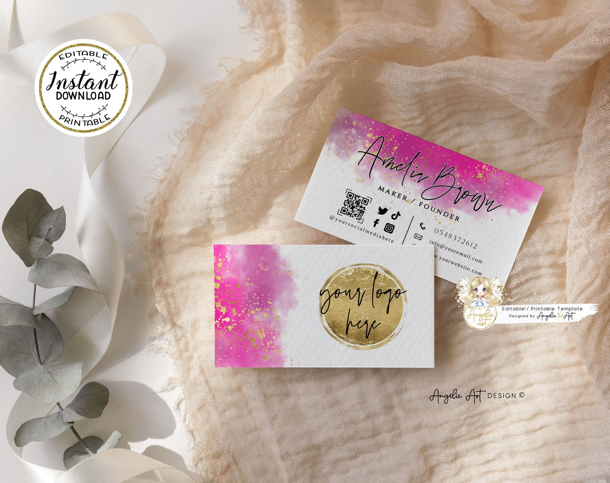JOY Hot Pink Gold Glitter Business Card Template Pink Gold Etsy