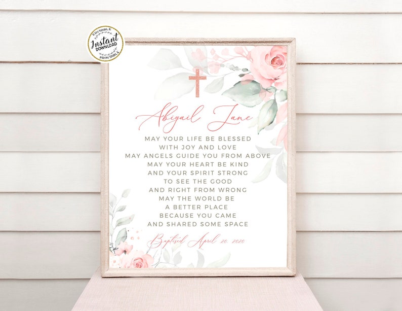 DELICATE Blush Pink Baptism Blessing Sign, Greenery Pink Floral Baptism Blessing Printable, EDITABLE Baptism Gift for Girl, Prayer Sign image 1