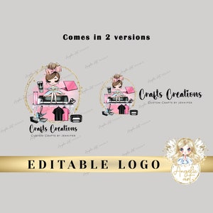 K&ouml;nnte beinhalten: Editierbares Logo-Design mit zwei Versionen eines Cartoon-M&auml;dchens mit rosa Haaren und einem rosa Kleid, das auf einem Tisch mit einem Drucker und anderen Bastelutensilien sitzt. Der Text "Crafts Creations" steht unter dem Bild. Das Logo enth&auml;lt auch ein separates Bild eines Engels mit blonden Haaren und einem wei&szlig;en Kleid.