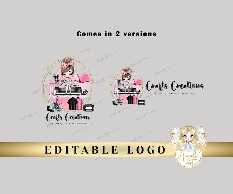 K&ouml;nnte beinhalten: Editierbares Logo-Design mit zwei Versionen eines Cartoon-M&auml;dchens mit rosa Haaren und einem rosa Kleid, das auf einem Tisch mit einem Drucker und anderen Bastelutensilien sitzt. Der Text "Crafts Creations" steht unter dem Bild. Das Logo enth&auml;lt auch ein separates Bild eines Engels mit blonden Haaren und einem wei&szlig;en Kleid.