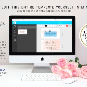 K&ouml;nnte beinhalten: Ein Computerbildschirm zeigt eine Visitenkartenvorlage mit dem Text "Christine Torres" in einem rosa-blauen Farbschema. Der Text "EDITABLE Sofort-Download DRUCKBAR" ist in einem Kreis mit goldenem Glitzerhintergrund sichtbar. Das Bild ist ein Mockup einer Visitenkartenvorlage, die bearbeitet und zu Hause gedruckt werden kann.
