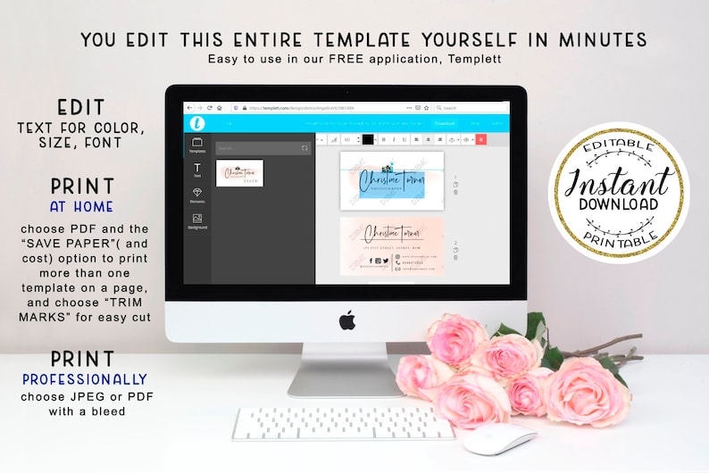 K&ouml;nnte beinhalten: Ein Computerbildschirm zeigt eine Visitenkartenvorlage mit dem Text "Christine Torres" in einem rosa-blauen Farbschema. Der Text "EDITABLE Sofort-Download DRUCKBAR" ist in einem Kreis mit goldenem Glitzerhintergrund sichtbar. Das Bild ist ein Mockup einer Visitenkartenvorlage, die bearbeitet und zu Hause gedruckt werden kann.