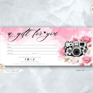 Modèle de chèque-cadeau floral rose pour photographie Chèque-cadeau imprimable MODifiable, bon pour une séance photo Modèle de carte-cadeau roses roses