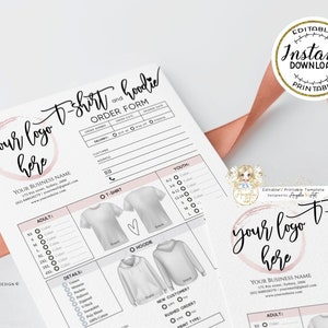 May include: Editable printable order form template for t-shirts and hoodies. The form includes sections for customer information, delivery details, size and color options, and additional details. The form has a pink and white color scheme with a handwritten font.