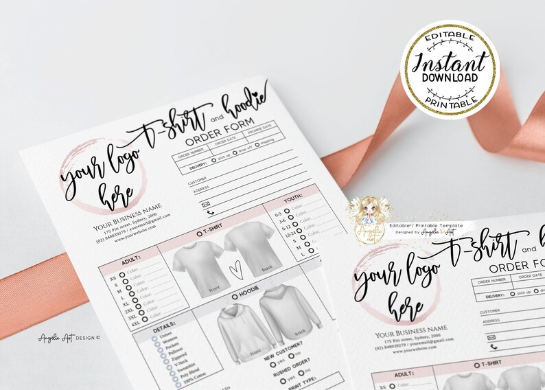 May include: Editable printable order form template for t-shirts and hoodies. The form includes sections for customer information, delivery details, size and color options, and additional details. The form has a pink and white color scheme with a handwritten font.