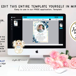 May include: A computer screen displaying a blue and gold baptism invitation template with a photo of a baby boy. The text on the invitation reads "Baptism Theodore Clark". The invitation is surrounded by a floral design. The text "EDITABLE Instant DOWNLOAD PRINTABLE" is visible in a circle on the right side of the image.