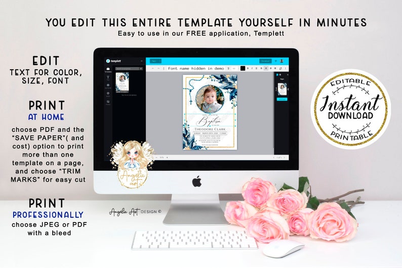 May include: A computer screen displaying a blue and gold baptism invitation template with a photo of a baby boy. The text on the invitation reads "Baptism Theodore Clark". The invitation is surrounded by a floral design. The text "EDITABLE Instant DOWNLOAD PRINTABLE" is visible in a circle on the right side of the image.