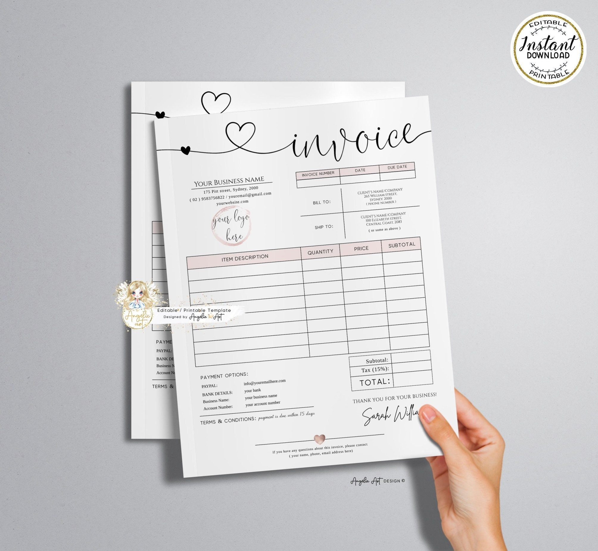 modern editable invoice template printable invoice form etsy