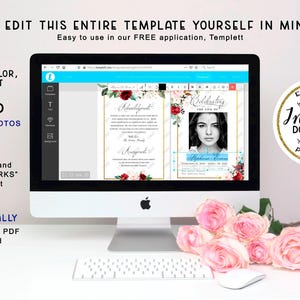 May include: A computer monitor displays a customizable template for a memorial service announcement. The design features floral accents, gold frames, and the text "Celebrating the Life Of." The image also includes a keyboard, mouse, and a bouquet of pink roses.