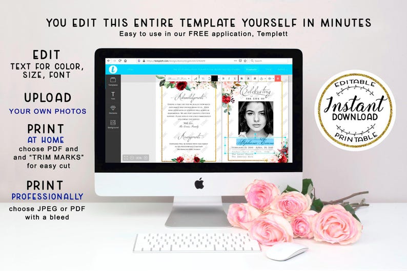 May include: A computer monitor displays a customizable template for a memorial service announcement. The design features floral accents, gold frames, and the text "Celebrating the Life Of." The image also includes a keyboard, mouse, and a bouquet of pink roses.