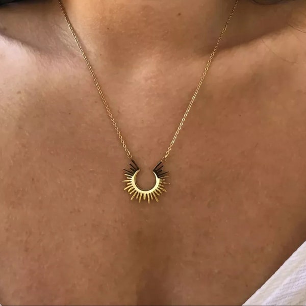 Turkish Gold geometric sunrise pendant necklace. Gold plated stainless steel