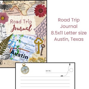 Road Trip nach Austin Texas Junk Journal Seiten | Gepresste Blumen, Straßenkarte, Vintage Papiere, Briefe, Karten, digitaler Download