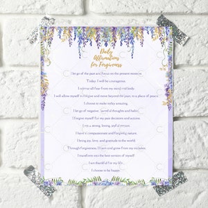 Afirmaciones diarias para el perdón y el amor propio, Atención plena, Meditación / Diseño floral morado y dorado / Lista de 2 páginas pdf descarga instantánea