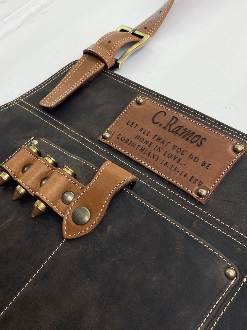 Personalized leather Aprons with soft touch. Cow  Leather. Cartridges on the apron. Beer holster and pockets.