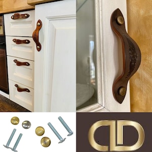 Leather Drawer Handles French Style Antique Motif/ DDDesign Cabinet Pulls/ Leather cabinet pulls with Engraved brass or nickel screws