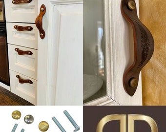 Leather Drawer Handles French Style Antique Motif/ DDDesign Cabinet Pulls/ Leather cabinet pulls with Engraved brass or nickel screws