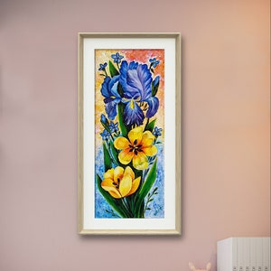 Painting  iris tulips flowers blue yellow handpainted on canvas by acrylic. Peace for Ukraine flag  Painting 20*50 cm