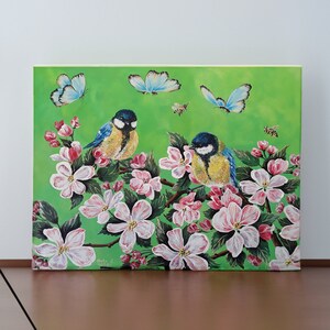 Painting  Birds Sakura Titmouses  Flowers Bloom with butterflies and bees around every Titmice Acrylic handpainted on canvas 40 x 50 cm