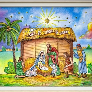Digital watercolor nativity scene. Baby Jesus. Wall art, download digital HD, JPG, PNG. Acuarela natividad escena. Ancient Bethlehem. Krippe