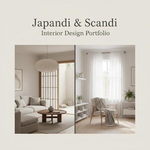 May include: Interior design portfolio featuring Japandi and Scandi styles. The image showcases two interior spaces. One features a beige sofa, a round wooden coffee table, and a large pendant light. The other has a chair with a blanket and sheer white curtains.