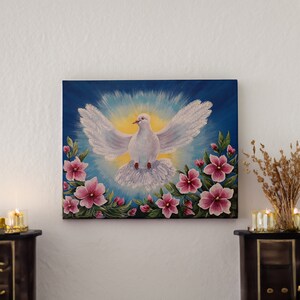 Painting Holy Spirit Dove in Magnolia Flowers Bloom acrylic hand-painted on a canvas 40 x 50 cm