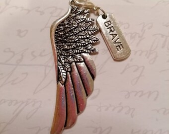 Large angel wing charm necklace, sterling silver rope chain and charm. Angel wing necklace, positive quote necklace, uplifting necklace.