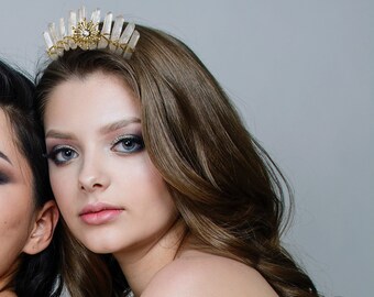 Gold Quartz Crown Crystal Wedding Hair Accessory Couronne Etsy