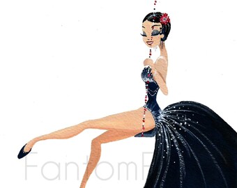 Cute Art Déco flapper mini fine art print, 20&#39;s inspired lady on a swing, Revue show, glittery girly and sparkly, gouache illustration