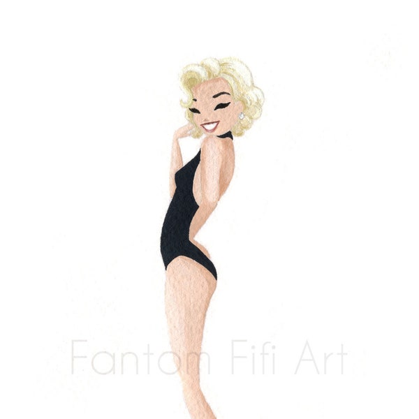 Mini fine art print. Marilyn Monroe inspired in black bathing suit. Cute, vintage, glamorous, Gouache painting