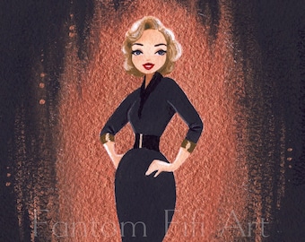 Marilyn Monroe inspired art print from original gouache painting, vintage style, black and bronze, elegant, Hollywood, Golden age