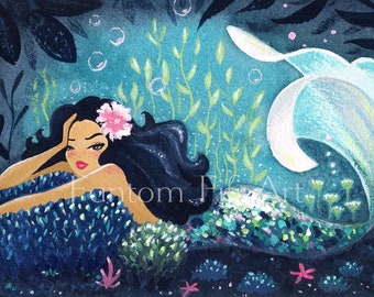 Cute tired mermaid on seafloor. Fine art print from original painting. Blue, pink and turquoise illustration. Gouache paint, cute and girly.