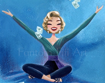 Marilyn Monroe inspired art print from original gouache painting, vintage style, green and black outfit, elegant, Gentlemen prefer blondes.