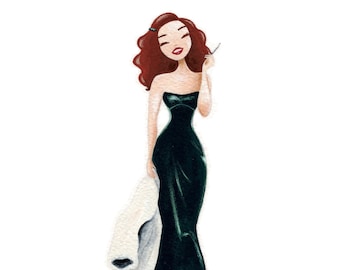 Gilda inspired art print from original gouache painting, Rita Hayworth, green gown, redhead, dancer, singer, vintage Hollywood