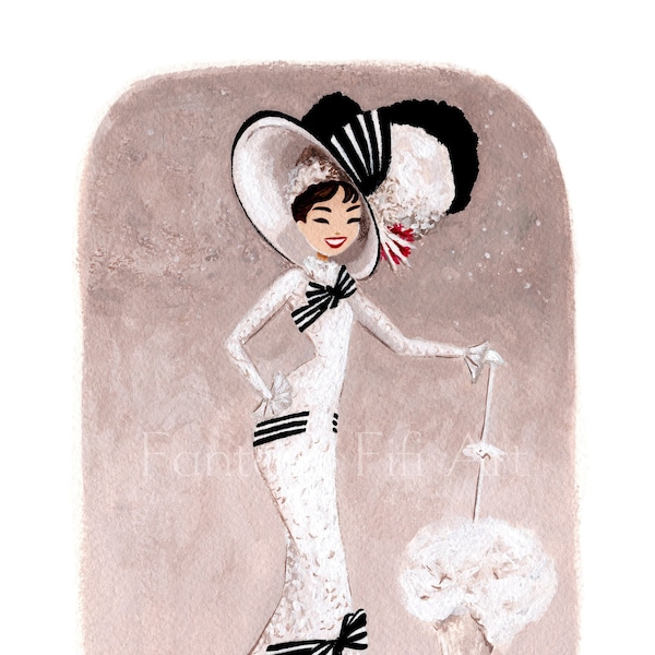 Gravura inspirada em Audrey Hepburn, reproduzida a partir de uma pintura original em guache, do filme "My Fair Lady", com um vestido branco, em um musical clássico de Hollywood.