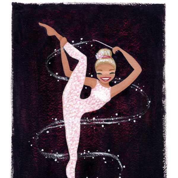 Original gouache painting. Cute dancer. Rhythmic gymnastics. Ribbon. White and pink. Black background.