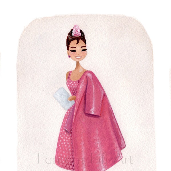 Audrey Hepburn inspirou impressão artística da pintura original em guache, Breakfast at Tiffany's, vestido rosa, vintage Hollywood