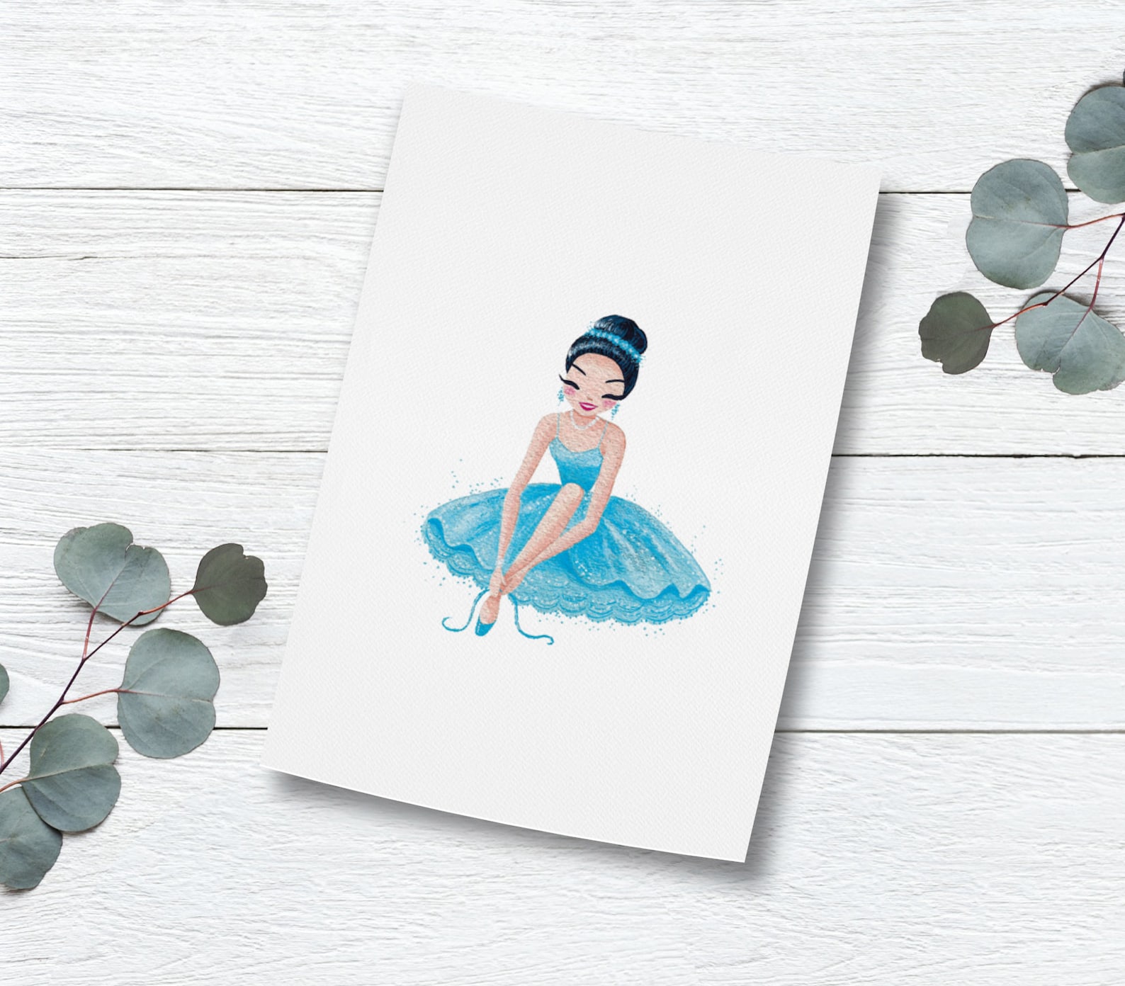 set of blue ballerinas mini fine art prints, cute ballet dancers, blue tutus, gouache painting art prints, girly and sparkly
