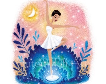 Original gouache and pencil ballerina painting, cute ballet dancer illustration, magical music box, pink and blue