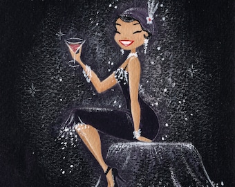 Flappers mini fine art prints, 20&#39;s inspired flappers, cocktail and champagne drinking, gouache illustration, girly
